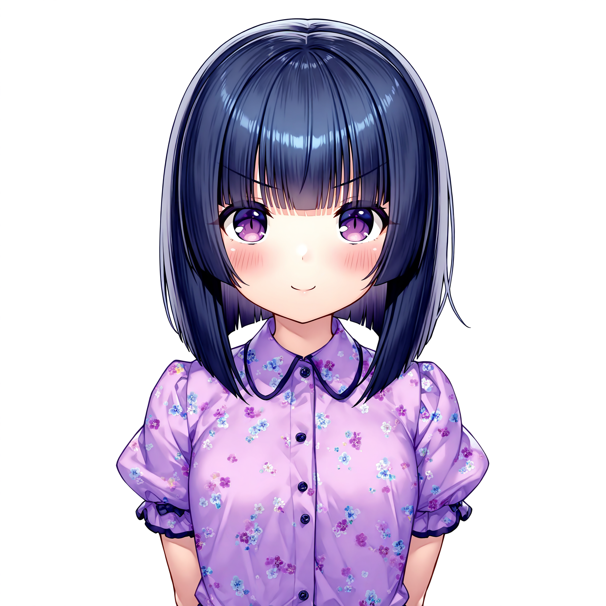 masterpiece, best quality, good quality, very awa, very aesthetic, absurdres, newest,shigure \(nekopara\), 1girl, solo, white background, short sleeves, purple eyes, smile, puffy sleeves, puffy short sleeves, closed mouth, shirt, looking at viewer, purple shirt, blush, floral print,arms behind back, upper body, black hair, collared shirt, blunt bangs, v-shaped eyebrows,<lora:shigure_nekopara:0.8>