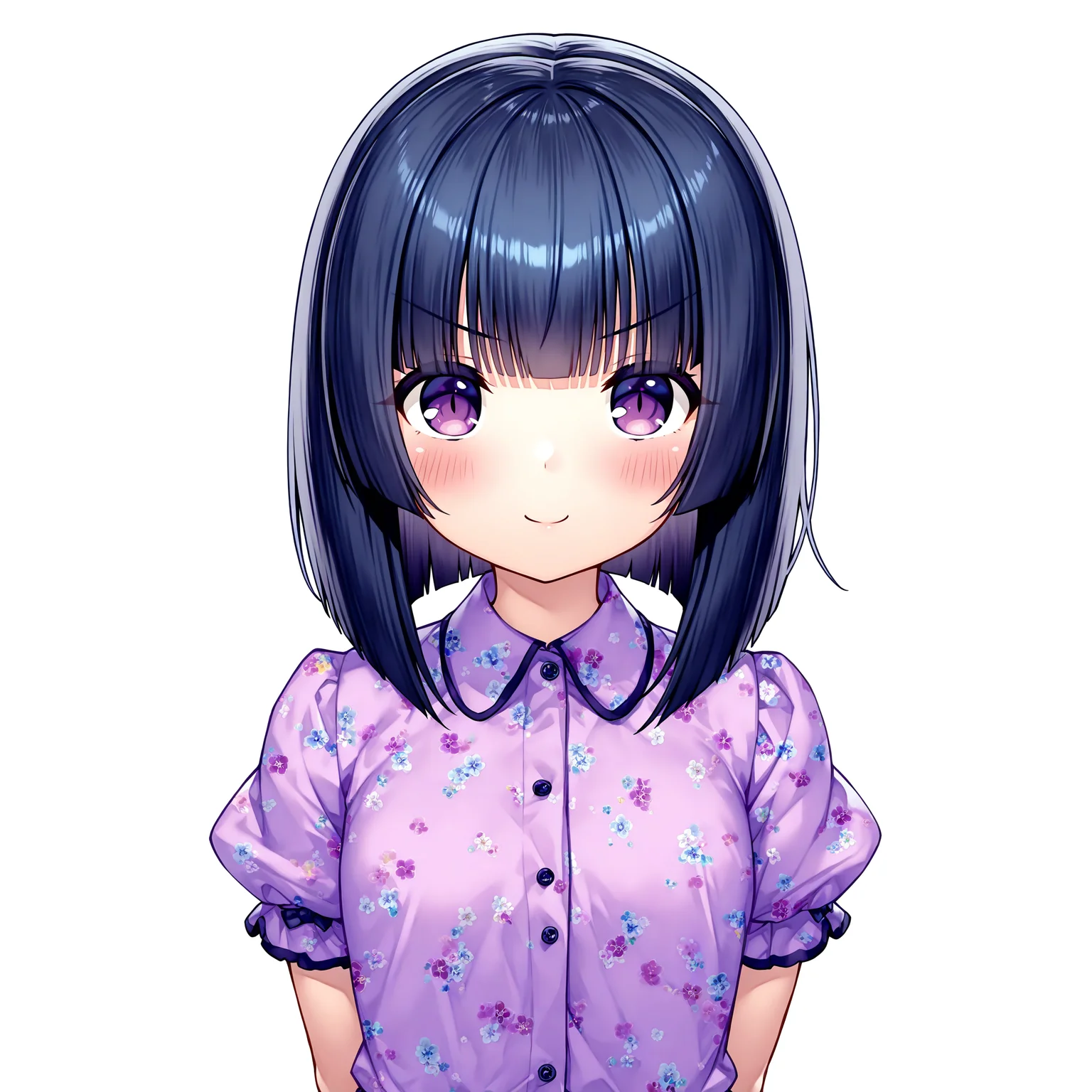 masterpiece, best quality, good quality, very awa, very aesthetic, absurdres, newest,shigure \(nekopara\), 1girl, solo, white background, short sleeves, purple eyes, smile, puffy sleeves, puffy short sleeves, closed mouth, shirt, looking at viewer, purple shirt, blush, floral print,arms behind back, upper body, black hair, collared shirt, blunt bangs, v-shaped eyebrows,<lora:shigure_nekopara:0.8>