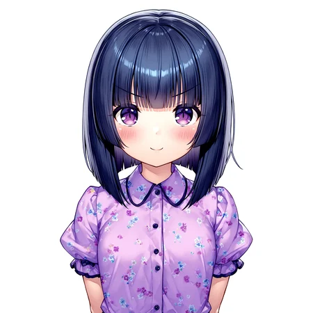 masterpiece, best quality, good quality, very awa, very aesthetic, absurdres, newest,shigure \(nekopara\), 1girl, solo, white background, short sleeves, purple eyes, smile, puffy sleeves, puffy short sleeves, closed mouth, shirt, looking at viewer, purple shirt, blush, floral print,arms behind back, upper body, black hair, collared shirt, blunt bangs, v-shaped eyebrows,<lora:shigure_nekopara:0.8>