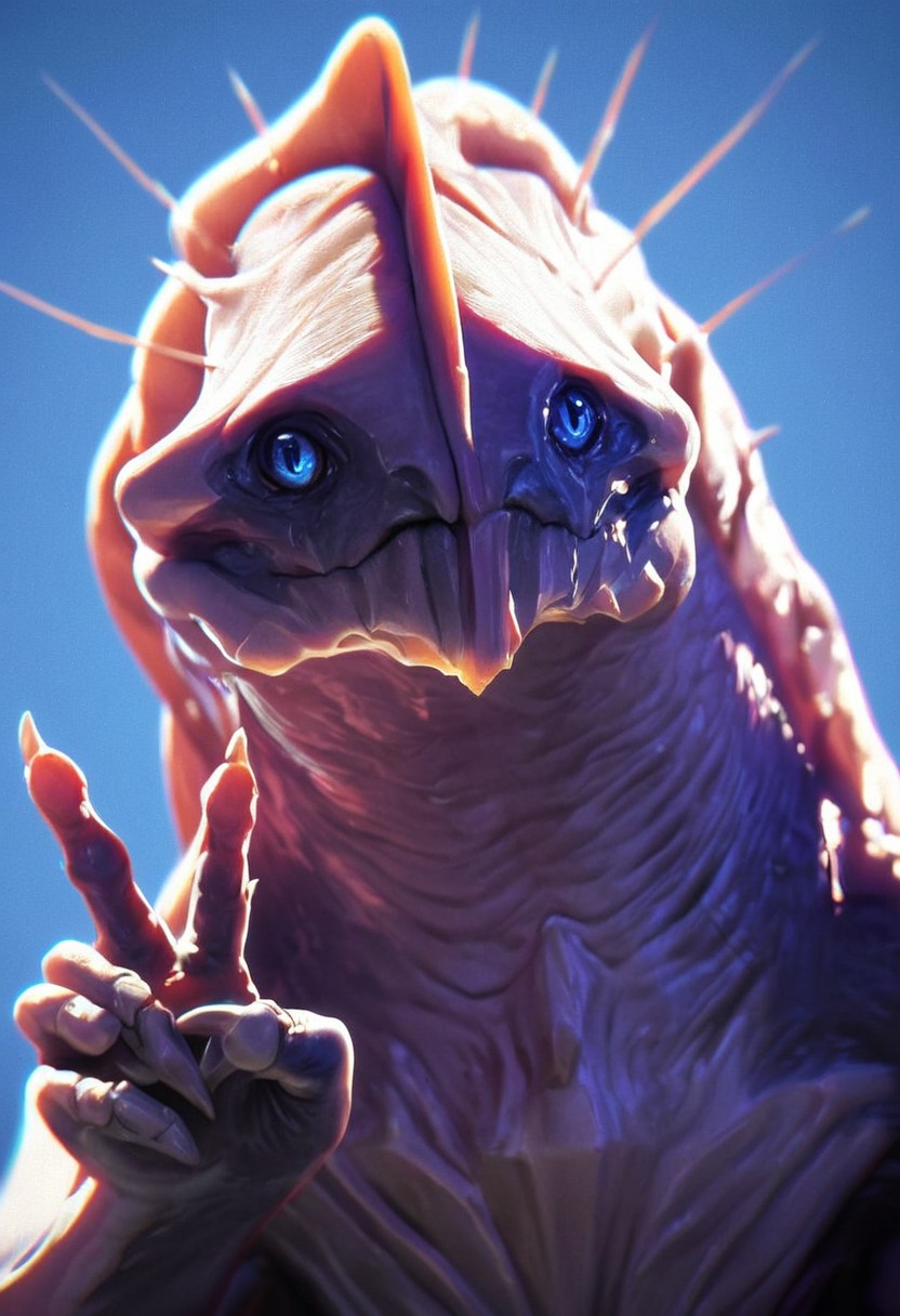 score_9, score_8_up, score_7_up, score_6_up, score_5_up, score_4_up, 1girl, source_furry, source_monster, <lora:Khanivore:0.9> solo, monster, blue eyes, closed mouth, upper body, v sign,
light blue background, simple background, realistic,