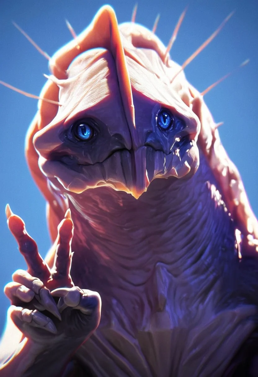 score_9, score_8_up, score_7_up, score_6_up, score_5_up, score_4_up, 1girl, source_furry, source_monster, <lora:Khanivore:0.9> solo, monster, blue eyes, closed mouth, upper body, v sign,
light blue background, simple background, realistic,