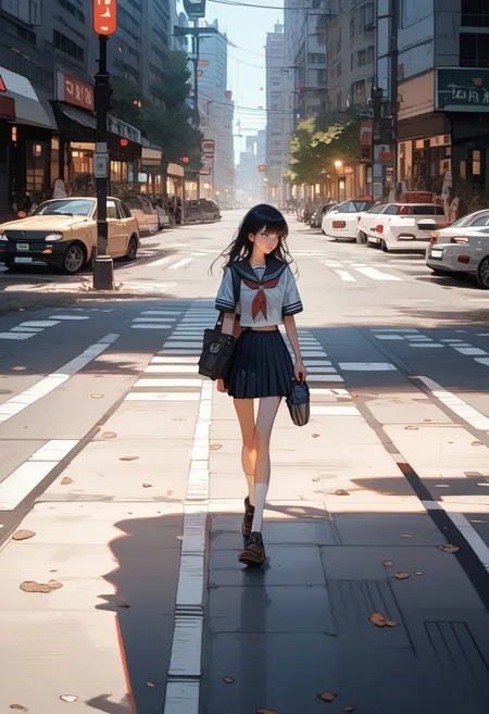 score_9, score_8_up, score_7_up, score_6_up, score_5_up, score_4_up, source_anime, 1girl, solo, 18yo, (slim face:1.5), (bangs:1.2), skinny, thin body, wide hips, thin thighs,
<lora:age_slider_v4:2> <lora:Expressive_H:1><lora:Kenva:0.8> <lora:naipf:0.6>
looking back, road, bag, skirt, street, school uniform, outdoors, walking, serafuku, crosswalk, black hair, long hair, motor vehicle, day, realistic, real world location, shoes, socks,