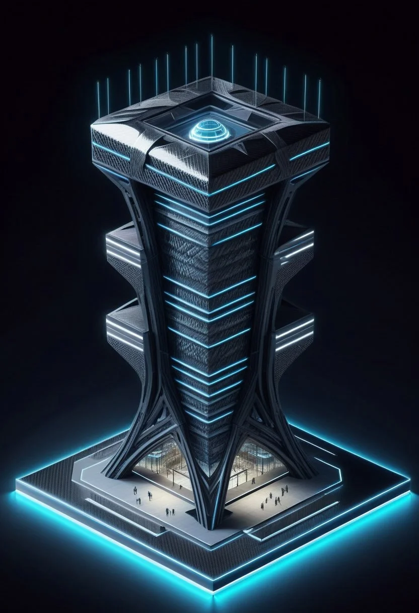 lazympos, cf_style, megastructure made of carbon fiber, isometric, architecture, science fiction, night, neon lights