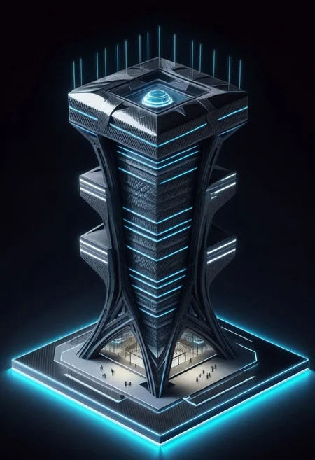 lazympos, cf_style, megastructure made of carbon fiber, isometric, architecture, science fiction, night, neon lights