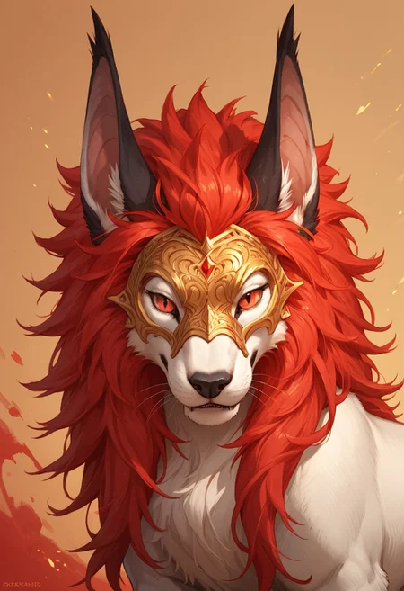 solo, score_9,score_8_up,score_7_up, solo, ((feral)), portrait, close up,  ((female)), seductive, rosard, furry dragon, white body, white lion head, golden mask on face, red eyes, black nose, black bridge of nose, ((bat black ears)), (((long ears))), ((red mane)), detailed background
