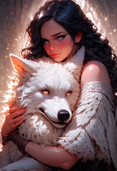 score_9, score_8_up, score_7_up, 1girl, yennefer of vengerberg, dark hair, shiny skin, eye contact, long hair, tilted angle, moody lighting, p3tl0v3, 1girl, hugging cute white wolf, dim lighting, medieval fantasy, perfect quality, high quality, photorealistic, sitting BREAK orange and blue hue, (abstract:0.2) ,expressiveH