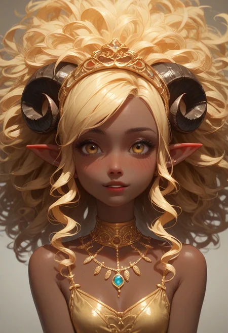 score_9_up, score_8_up, score_7_up, score_6_up, 1girl, 25 years old, perfect face, cute, petite, 
blush, shy smile, portrait, face focus, depth of field, looking at viewer, close up,  
gold eyes, 
(dark skin:1.4), (very dark skin:1.4),
(yellow hair:1.2), afro, curly hair, 
pointy ears, 
sheep horns, curled horns, 
gold jewelry, 
golden dress, 
sunbeam, sky
DreamArt,