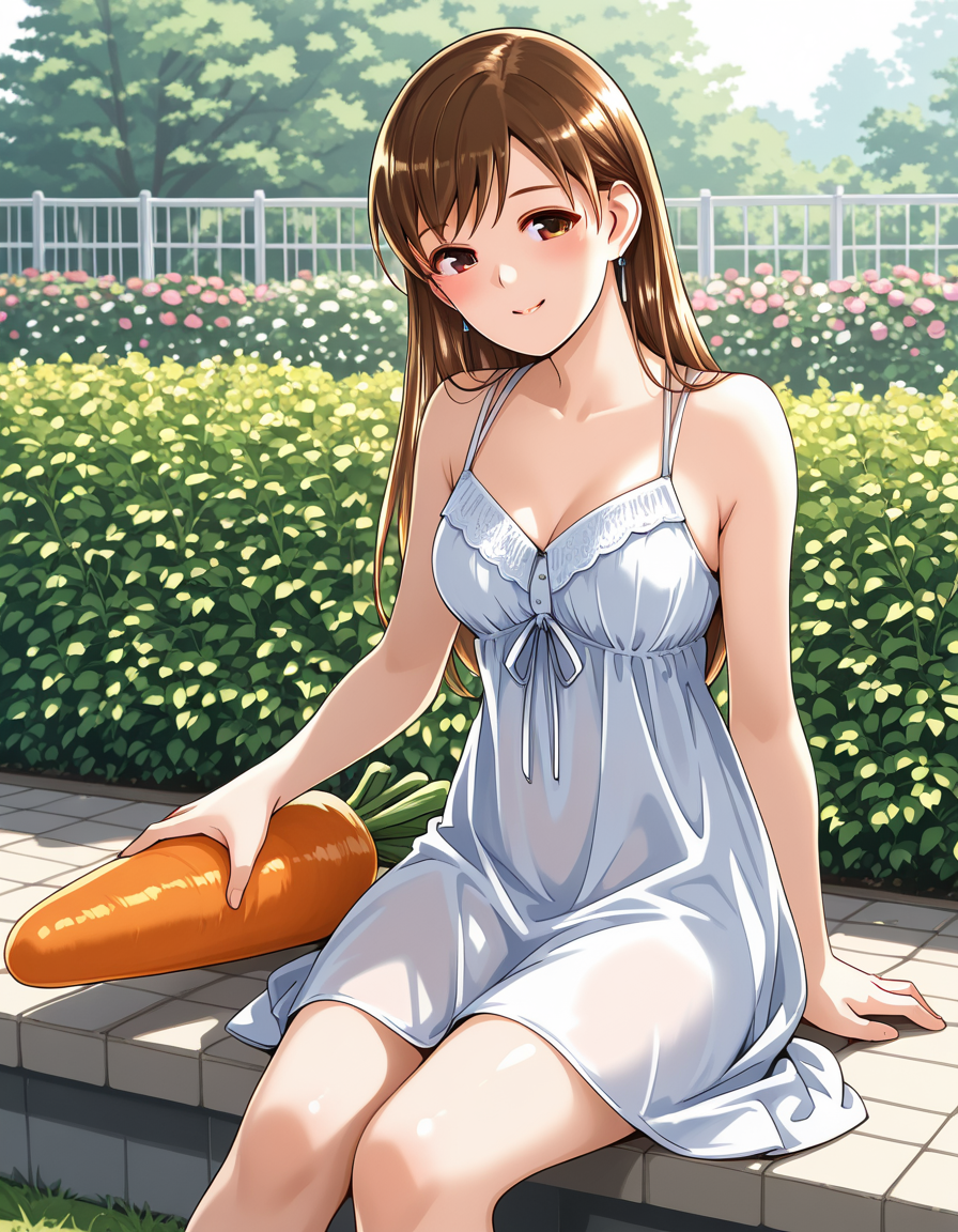 <lora:Nitta_Minami_by_Gustav_Illustrious:1>nitta minami
summer dress, sitting, garden, holding carrot, huge carrot