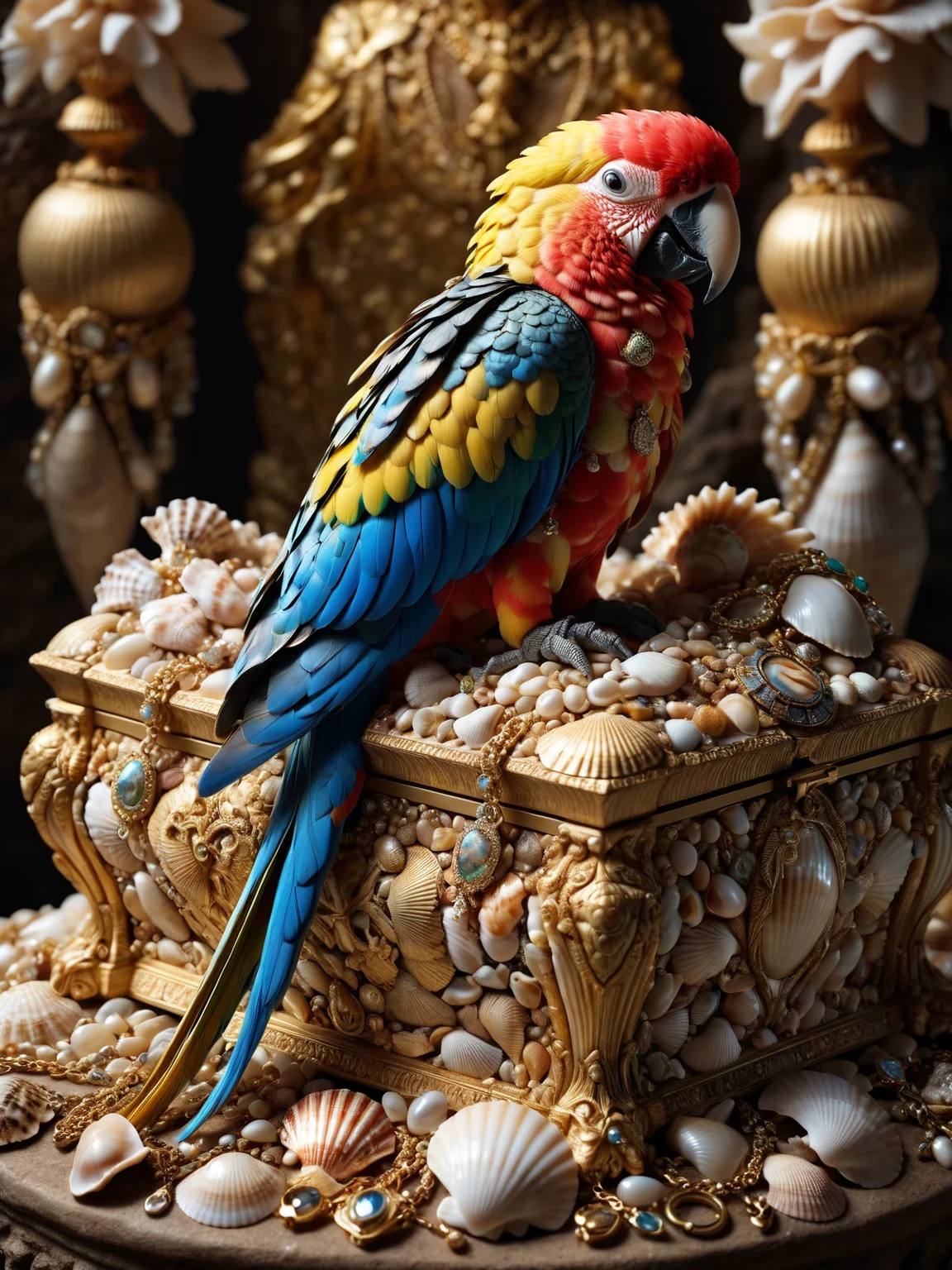 colorful parrot sits on an ornated chest made of mad-seashells on top of a (pile of gold and jewelry:1.4), mysterious cave, <lora:Sea_Shells_SDXL:0.5>, masterpiece, best quality, ultra high res, (photorealistic, realistic:1.2), deep shadow, raw photo, film grain, Fujifilm XT3, 8k uhd, dslr