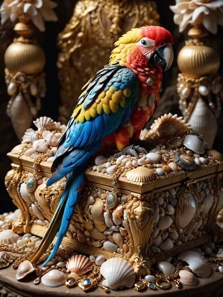 colorful parrot sits on an ornated chest made of mad-seashells on top of a (pile of gold and jewelry:1.4), mysterious cave, <lora:Sea_Shells_SDXL:0.5>, masterpiece, best quality, ultra high res, (photorealistic, realistic:1.2), deep shadow, raw photo, film grain, Fujifilm XT3, 8k uhd, dslr
