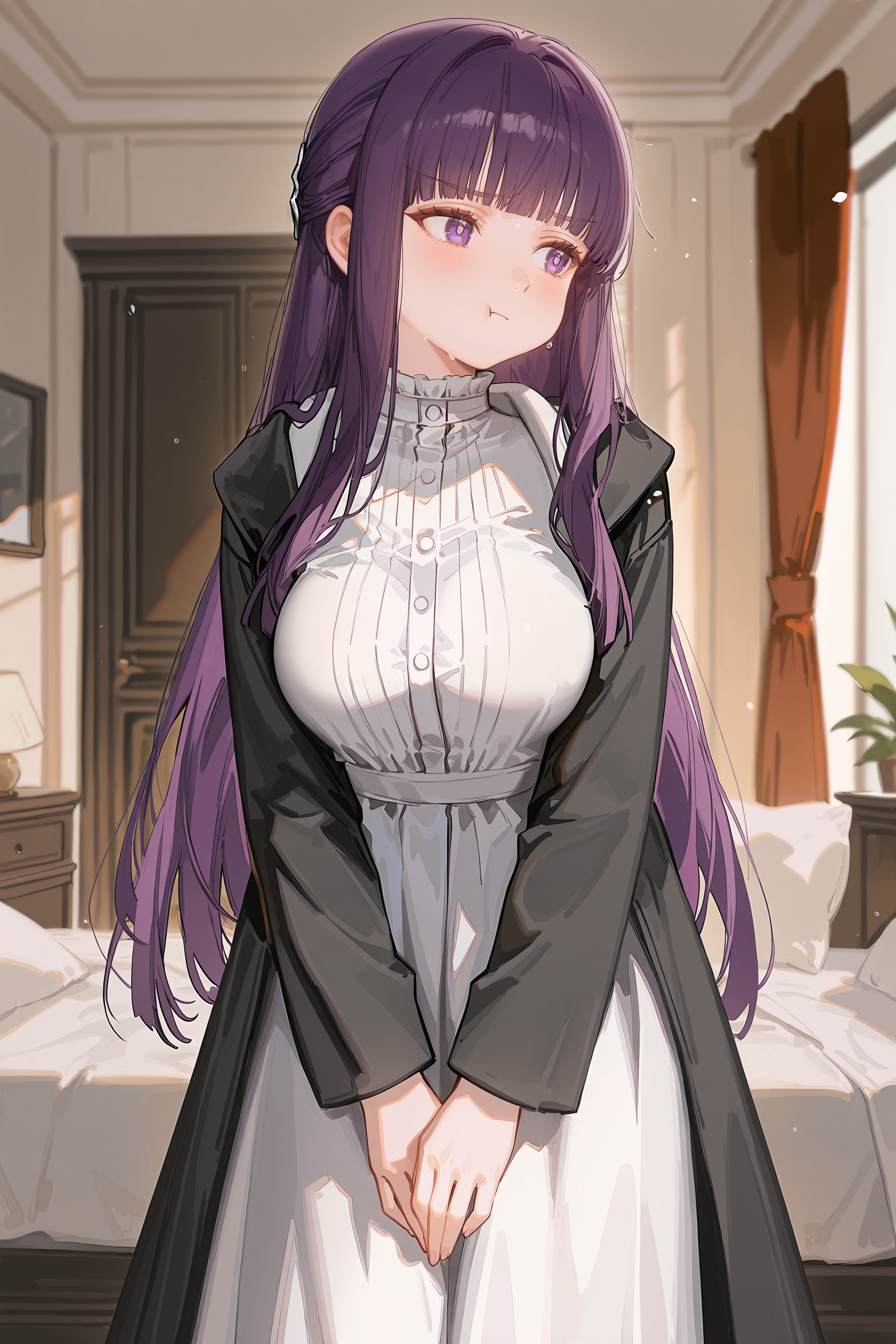 1girl, fern \(sousou no frieren\),  solo, large breasts, black coat, long white dress, cowboy shot, breasts squeezed together , v arms, large breasts, pout, :t, looking to the side, blush, bedroom, depth of field <lora:Char-Fern-IL-V1:0.8:hr=0.6>, ciloranko, alphonse \(white datura\), ask \(askzy\), gomzi, you shimizu
masterpiece, best quality, amazing quality, very aesthetic, absurdres, newest, (scenery, volumetric lighting), ray tracing, (bloom:1.4), cinematic