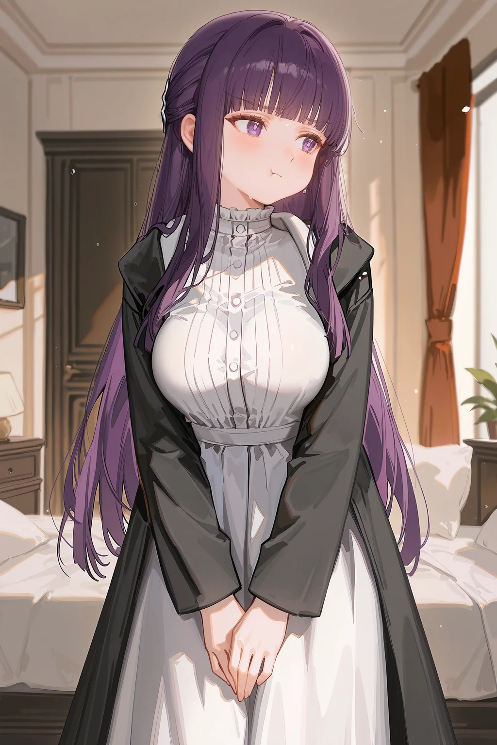 1girl, fern \(sousou no frieren\), solo, large breasts, black coat, long white dress, cowboy shot, breasts squeezed together , v arms, large breasts, pout, :t, looking to the side, blush, bedroom, depth of field <lora:Char-Fern-IL-V1:0.8:hr=0.6>, ciloranko, alphonse \(white datura\), ask \(askzy\), gomzi, you shimizu
masterpiece, best quality, amazing quality, very aesthetic, absurdres, newest, (scenery, volumetric lighting), ray tracing, (bloom:1.4), cinematic