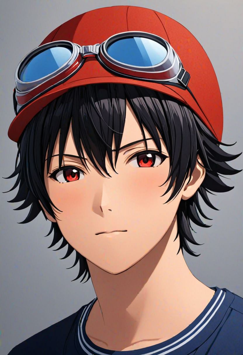 Yuusuke Fujisaki, Red Hat, Goggles, masterpiece, best quality, (1boy), solo, male focus, photography, High definition, Black hair, 4K, shirt, Solid COlor Background, passport_photo_style
