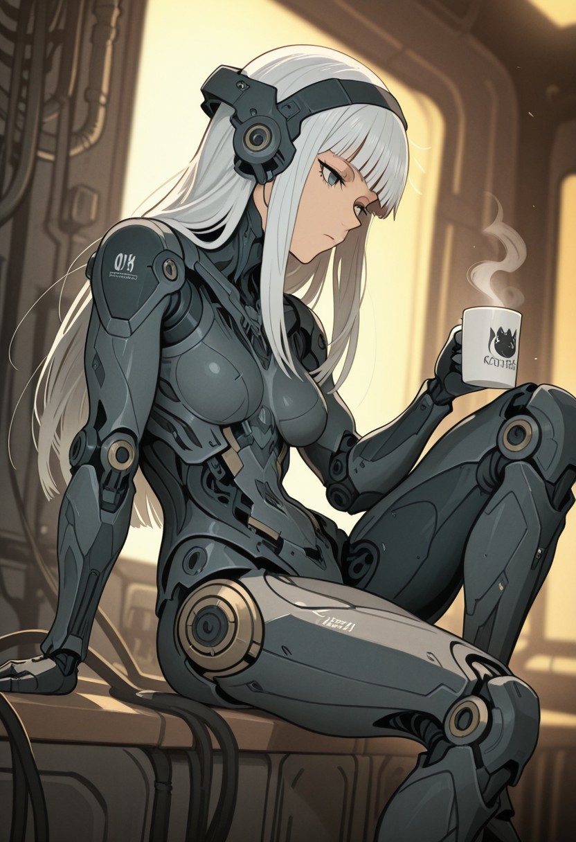 mature female, 1girl, solo, long hair, breasts, holding, sitting, medium breasts, white hair, sidelocks, hairband, blunt bangs, from side, cup, grey eyes, makeup, expressionless, arm support, headgear, robot, holding cup, straight hair, science fiction, knee up, mug, android, cable, joints, mechanical arms, cyborg, single mechanical arm, robot joints, coffee mug, mechanical parts, mechanical legs, cyberpunk, limited palette, high detail, depth of field, (blurred background), (dramatic lighting), 8k, detailed background, ambient lighting, global illumination, cutscene, masterpiece, best quality, ultra-detailed, amazing quality, very aesthetic, incredibly absurdres, highres, newest, latest, khly2, noveau, art noveau