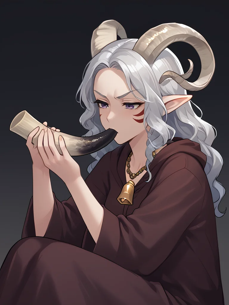 source_furry, score_7_up, rating_safe, sitting,
anime face,<lora:whisker_markings:0.8>red whisker_markings, silver long wavy hair, bell necklace, short pointy ears, purple eyes, <lora:age_slider_v4:0.6>
<lora:Smooth Style 2 SDXL_LoRA_Pony Diffusion V6 XL:0.3>
<lora:Test_Diana:0.8> tiefling_bard_diana, <lora:INKxXmo shaded face:0.5> INKxXmo Dark Theme, angry face,
<lora:horn_instrument:1> viking_horn:1.7, viking_horn, holding instrument, cone:1.3, viking_horn on mouth,