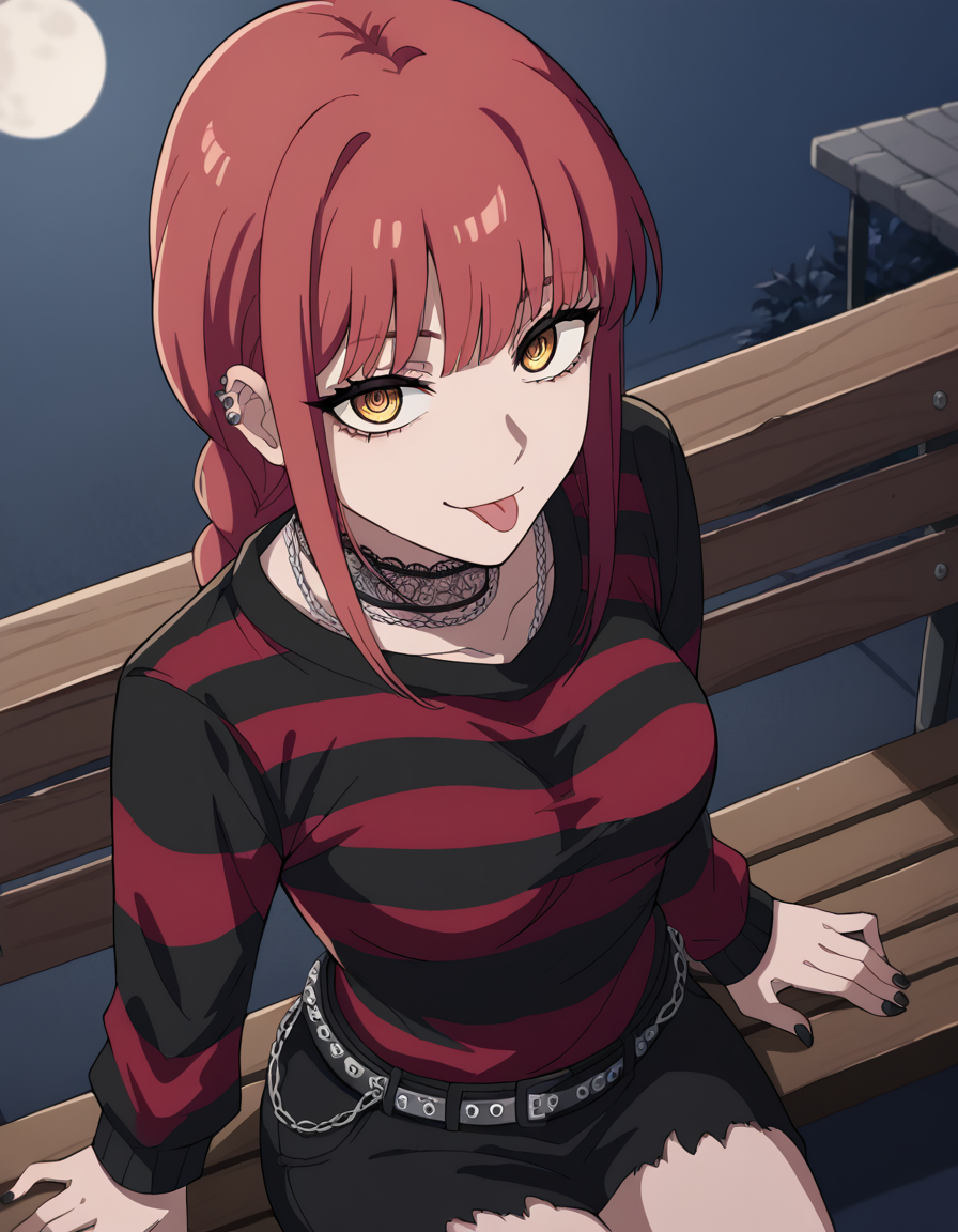 score_9, score_8_up, score_7_up, source_anime, <lora:chainsaw-man-makima-s1-ponyxl-lora-nochekaiser:1> makima, long hair, smile, bangs, yellow eyes, braid, red hair, braided ponytail, ringed eyes, medium breasts,, <lora:emo-fashion-ponyxl-lora-nochekaiser:1>, emo fashion, torn sweater, two-tone sweater, sweater under shirt, striped sweater, lace-trimmed choker, belt chain, red sweater, black sweater, goth fashion, street, night, moon, sitting, bench, from above, tongue out, cowboy shot, looking at viewer
