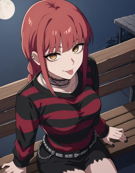 score_9, score_8_up, score_7_up, source_anime, <lora:chainsaw-man-makima-s1-ponyxl-lora-nochekaiser:1> makima, long hair, smile, bangs, yellow eyes, braid, red hair, braided ponytail, ringed eyes, medium breasts,, <lora:emo-fashion-ponyxl-lora-nochekaiser:1>, emo fashion, torn sweater, two-tone sweater, sweater under shirt, striped sweater, lace-trimmed choker, belt chain, red sweater, black sweater, goth fashion, street, night, moon, sitting, bench, from above, tongue out, cowboy shot, looking at viewer
