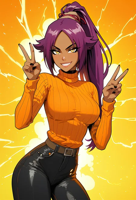 score_9, score_8_up, score_7_up, 1girl, solo, 4k, yoruichi shihouin, ultra high quality, hypersexualized, sexy, purple hair, smirk, seductive, choker, black eyeliner, bangs, hourglass body, perky breasts, thick thighs, dynamic angle, orange turtleneck sweater, ribbed sweater, black pants,  color explosion, red particles, pink glitter, yellow lightning strikes, vibrant, neon hearts, peace finger sign, <lora:AkaburV2_PDXL:0.5> <lora:CherryMouseStreetStylePonyLyco:0.3> <lora:rabiestlagomorph-guy-PONYv1:0.6>  <lora:Expressive_H:1> expressiveh <lora:EnvyStarlightPrettyEyes01:1>   <lora:add-detail-xl:1.5>  <lora:OldAnimeStyle_XL_v3:0.3> <lora:g0th1cPXL:0.4> <lora:yoruichi-shihouin-ponyxl-lora-nochekaiser:0.7>