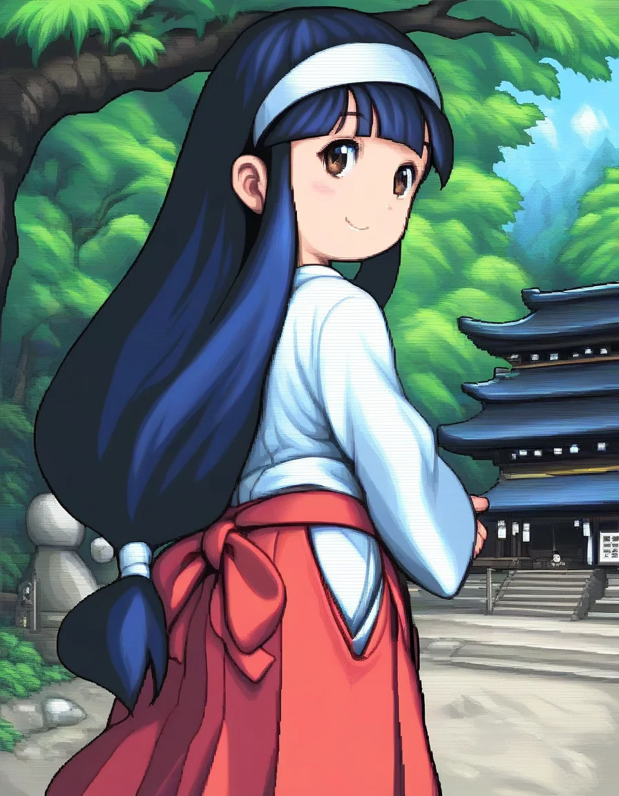 score_9, score_8_up, score_7_up, source_anime, rating_explicit, BREAK <lora:Sayo-chan_XL:1> sayo-chan, long hair, blue hair, hairband, white hairband, low-tied long hair, bangs,black hair, sidelocks, blunt bangs,
1girl, solo, japanese clothes, miko, smile, red hakama, hakama, skirt, bow, hakama skirt, brown eyes,
shrine, rope, tree, outdoors,