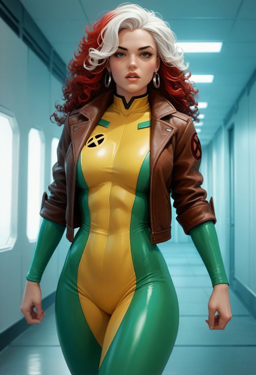 score_9, score_8_up, score_7_up, score_6_up, score_5_up, score_4_up, clsscrgedsk, 1girl, solo, long hair, red hair, jewelry, large breasts, white hair, multicolored hair, curly hair, earrings, parted lips,  brown jacket, leather jacket, bodysuit, fight pose, wide hips, feminine, marvel comics, multicolored bodysuit, green bodysuit, yellow bodysuit, indoors, futuristic, corridor, source_cartoon, nsfw ,