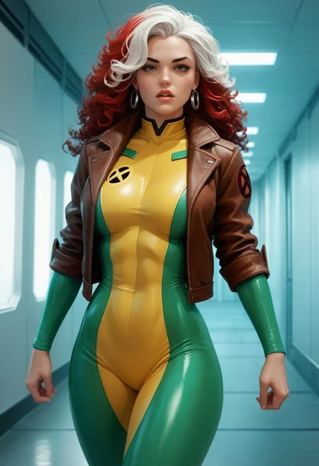 score_9, score_8_up, score_7_up, score_6_up, score_5_up, score_4_up, clsscrgedsk, 1girl, solo, long hair, red hair, jewelry, large breasts, white hair, multicolored hair, curly hair, earrings, parted lips,  brown jacket, leather jacket, bodysuit, fight pose, wide hips, feminine, marvel comics, multicolored bodysuit, green bodysuit, yellow bodysuit, indoors, futuristic, corridor, source_cartoon, nsfw ,