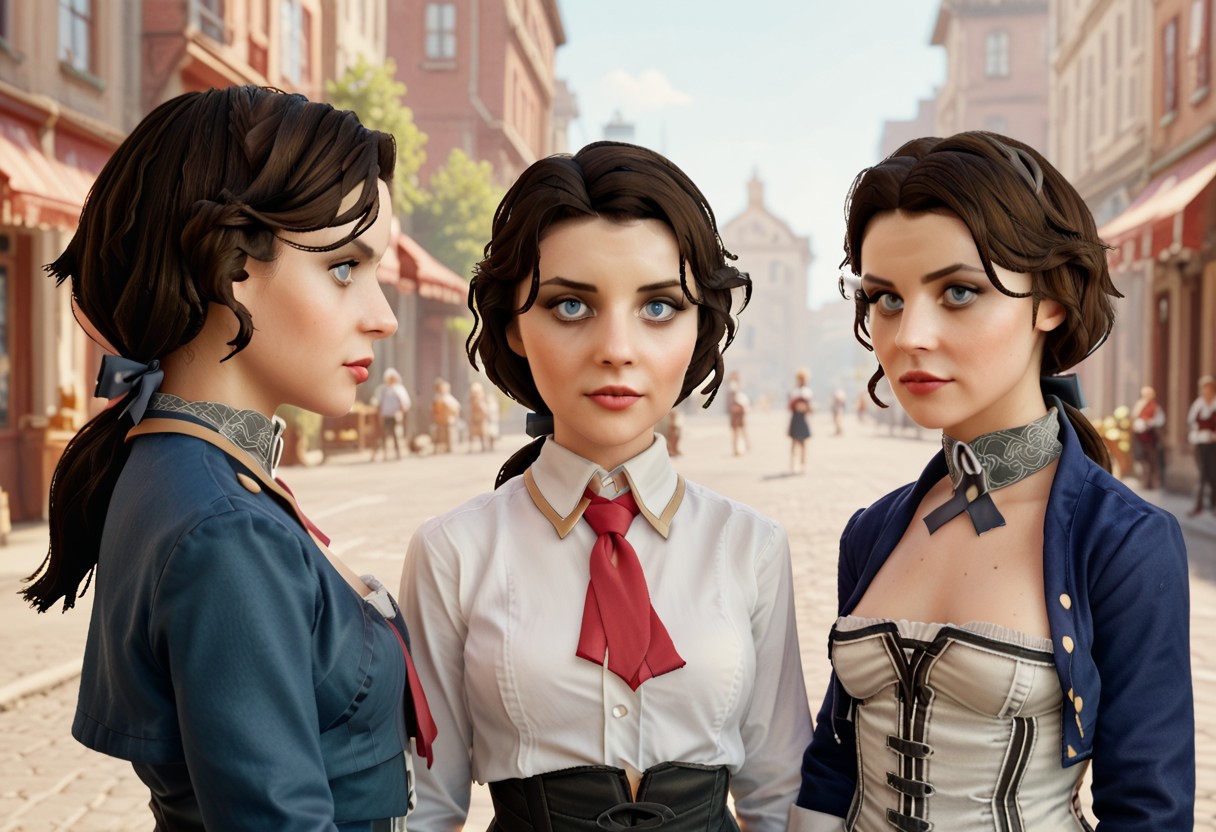 score_9, score_8_up, score_7_up bioshock elizabeth 3 girls together one with a corset blue jacket , one with a white shirt red tie , one with hair tied back in a pony tail