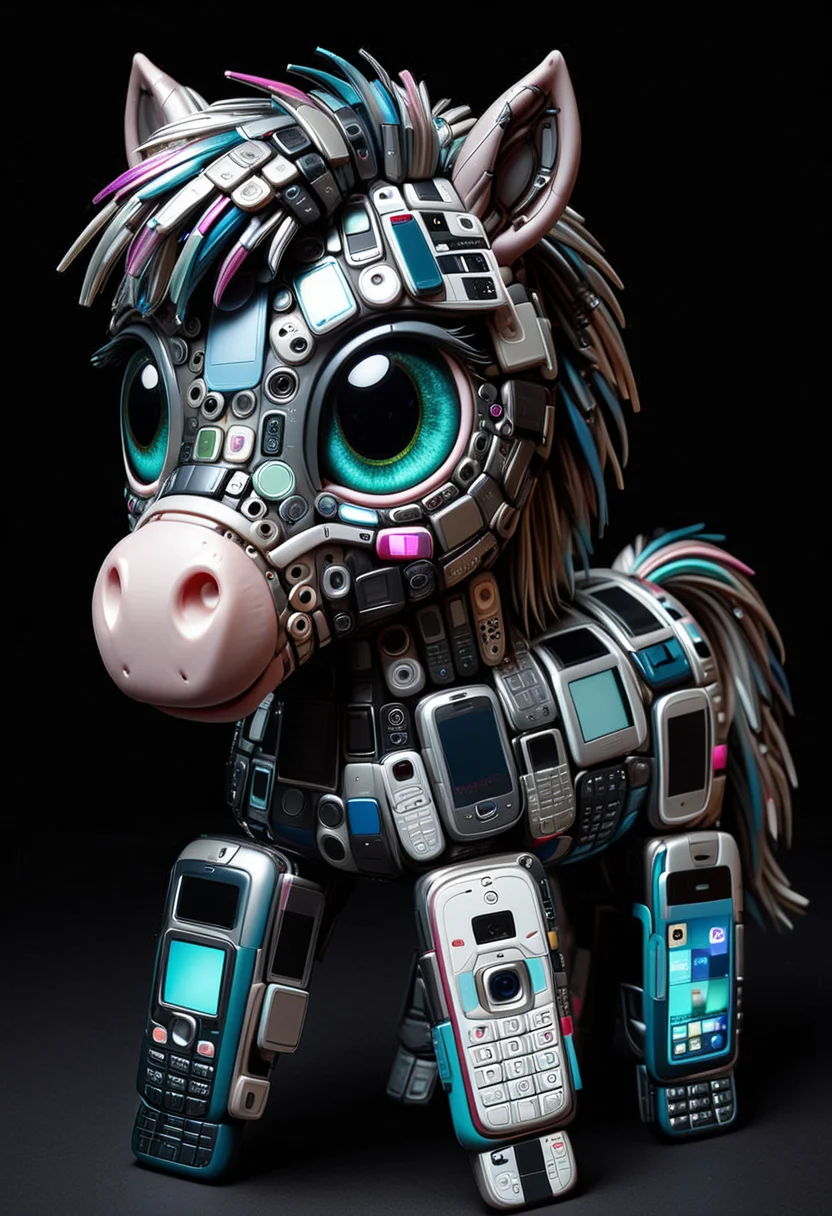 C3LLPH0N3S, a cute pony made of cell phones, detailed face, (big eyes:0.9), detailed eyes, ,Masterpiece,best quality, raw photo, realistic, very aesthetic