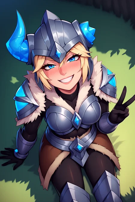 score_9, score_8_up, score_7_up, score_6_up, BREAK, SejuaniLoLXL, blue eyes, blonde hair, short hair, horned helmet, medium breasts, fur trim, armor, black bodysuit, shoulder armor, breastplate, guantlets, black elbow gloves, skirt, black pants, greaves, armored boots, solo, sitting, above view, (peace sign), seductive smile, looking at viewer, naughty face, nose blush, forest <lora:SejuaniLoLXL:0.9>