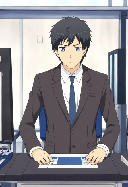 high resolution, solo, best quality, 1Boy, Arata Kaizaki, Black Hair, Blue Eyes, suit, worklife, workspace, OverallDetail
