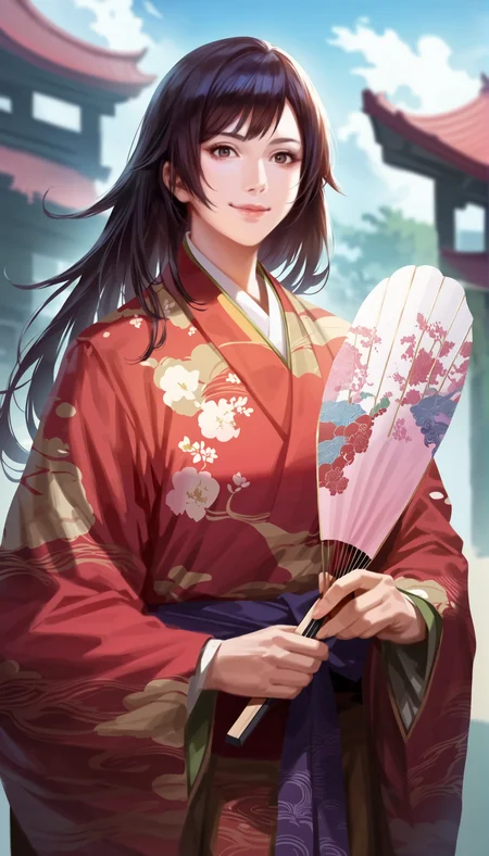 score_9,score_8_up,score_7_up,
highly detailed,highres,<lora:naotoraIi:0.8>,naotora ii,
1girl,solo,
black hair,long hair,bangs,brown eyes,looking at viewer,smile,red kimono,layered red and purple fabric with white accents,intricate patterns,portrait,holding a hand fan,
outdoors,sky,simple background,blurry background,