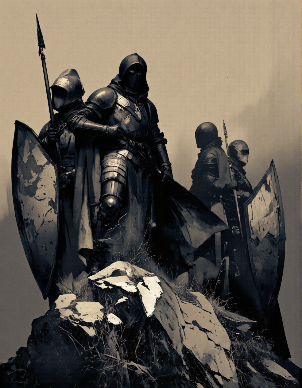 Art by Piotr JabÅoÅski. A black and white digital illustration shoot from a front camera angle about a dramatic silhouette of three silhouetted figures dressed in medieval armor holding large shields, standing in a line on a rocky hillside. the image also shows a dramatic shadow effect on the armor, creating a sense of depth and atmosphere. on the left side of the image, a muscular knight stands confidently, holding a large shield in his left hand, while on the right side, a smaller knight stands behind him, also holding a shield. the knight in the middle appears to be a dark knight, wearing a full suit of armor with a hood, facing the viewer, and looking straight at the viewer. his face is obscured by the hood, and his eyes are not visible. his body is muscular, and he is standing with his feet shoulder-width apart, giving the impression of a strong and powerful presence. the background is a gradient of beige and gray, adding to the dramatic effect of the scene. the overall tone is dark and dramatic, with a focus on the silhouettes of the knight and the shield they are holding.