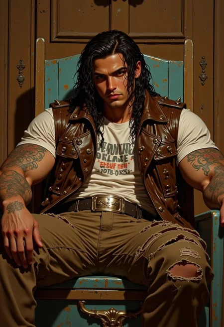 photo of a muscular, handsome man with long, wet, black curly hair, sitting on a worn, teal wooden chair. he's wearing a sleeveless, dark brown leather vest with metal studs, a cream t-shirt with vintage text, and a large belt with a big buckle. his left arm has a detailed, colorful tattoo. background shows an old, rustic wooden wall with intricate carvings and brass fixtures. warm, dim lighting creates a moody, vintage atmosphere. he has a serious expression, gazing directly at the camera. realistic, detailed, high-resolution, cinematic, rugged, stylish, steampunk vibes, intense, dramatic, manly, strong, leather texture, metal textures, wood grain, soft shadows, vintage fashion, strong jawline, piercing eyes, attractive, ruggedly handsome, casual yet edgy, intricate details, rich colors, artistic photography.