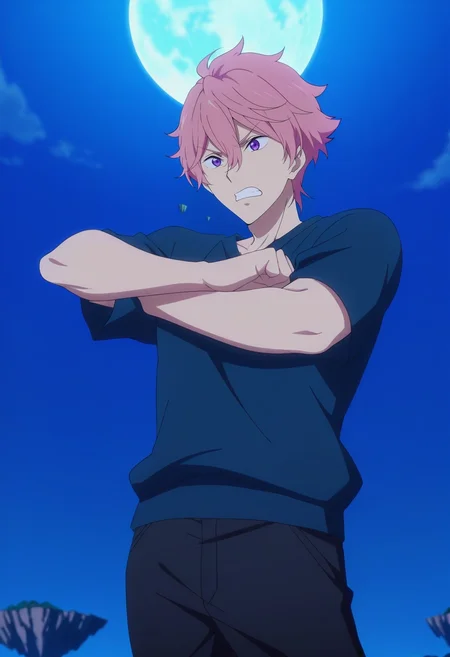 masterpiece, best quality, , anime screencap, anime coloring, official style,, 1boy, solo, male focus, <lora:kisumi_shigino_ilxl:0.94>, kisumi_shigino, pink hair, purple eyes, hair between eyes, , wide angle, wide shot, cowboy shot, floating island, night, full moon, (dynamic pose:1.2), angry, ,