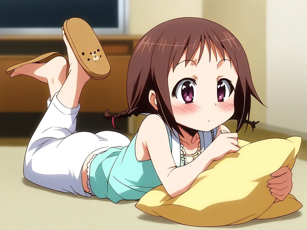 score_9, score_8_up, score_7_up, source_anime, rating_explicit, BREAK <lora:Wakana_Misato_XL:1> Wakana_Misato, brown hair, short hair, twin braids, purple eyes, short stack,
1girl, slippers, solo, lying, on stomach, >_<, blush, pillow, barefoot, indoors, sleeveless, long pants,
home in the room,