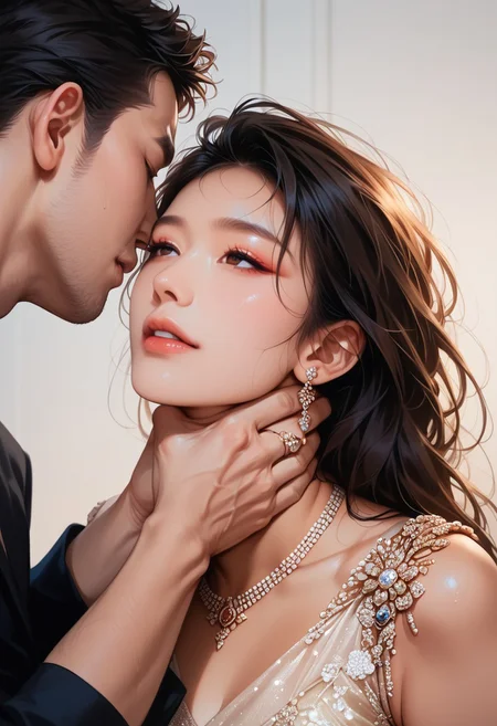 score_9, score_8_up, score_7_up, score_6_up, hetero, wearing eveningwear, low lights, masterpiece, highly detailed, beautiful hair, jewellery, accessories, neckchoke, 1girl, 1boy, hand on neck, asian, viewed from side, clothed, hands, man choking woman,