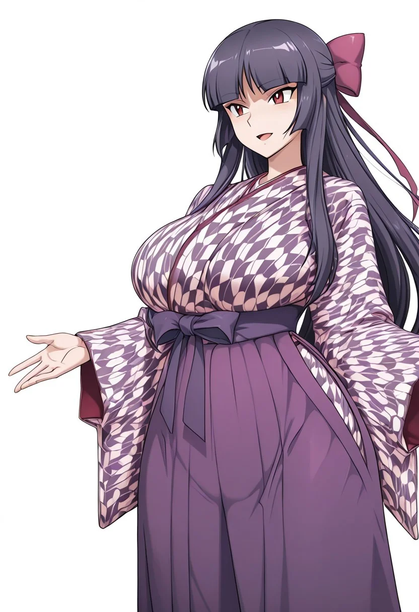 score_9,score_8_up,score_7_up,source_anime,5_figner,2d_animation,game cg,BREKE,1girl,solo,
zzSabrina, red eyes, long hair, blunt bangs, sabrina pokemon, purple hair, black hair,
purple hakama,yagasuri,japanese clothes,kimono,long sleeves,hair ribbon,
smile,fullbody,openmouth,
huge breasts,thick hips,thick thighs,thick waist,disproportionate breasts,
curves,glamour,
simple background,white background,
masterpiece,best qualit,ultra-detailed,illustration,an extremely delicate and beautiful,beautiful detailed eyes,unity 8k wallpaper,high resolution,anime CG,official_art,Erotic_style, anime_coloring, anime_screencap,