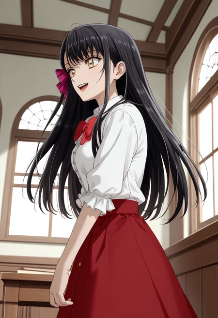 score_9,score_8_up,score_7_up,score_6_up,detailed,1girl,solo,source_anime,highres,4k,WilliamsAlicia<lora:WilliamsAlicia>,(black hair),long hair,golden eyes,jewelry,necklace,ribbon,hair ribbon,williamsalicia,alicia,Villainess,smile,looking at viewer,looking to side,medium breasts,summer breeze,spinning around,open eyes,open mouth,teeth,inside,school,looking down,red bowtie,white shirt,(red school uniform),fullbody,highheels,from below,from side,long hair,white frills,red hairbow,