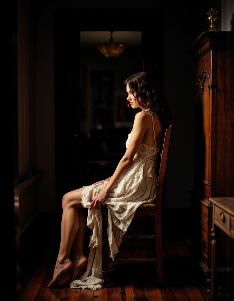 Cinematic photography. A photo-realistic shoot from a profile camera angle about a woman sitting on a wooden chair, facing away from the viewer, with her back to the camera, in a dimly lit room with dark walls and a wooden floor. the woman, who appears to be in her mid-twenties, has long, wavy brown hair and is wearing a white, frilly dress that is pulled down to her knees, revealing her bare shoulders and bare feet. she is sitting with her legs slightly apart, and her hands are resting on the wooden chair. the lighting is soft and warm, casting gentle shadows on her body. the overall mood is intimate and sensual, with a focus on the woman's back and the texture of her dress.