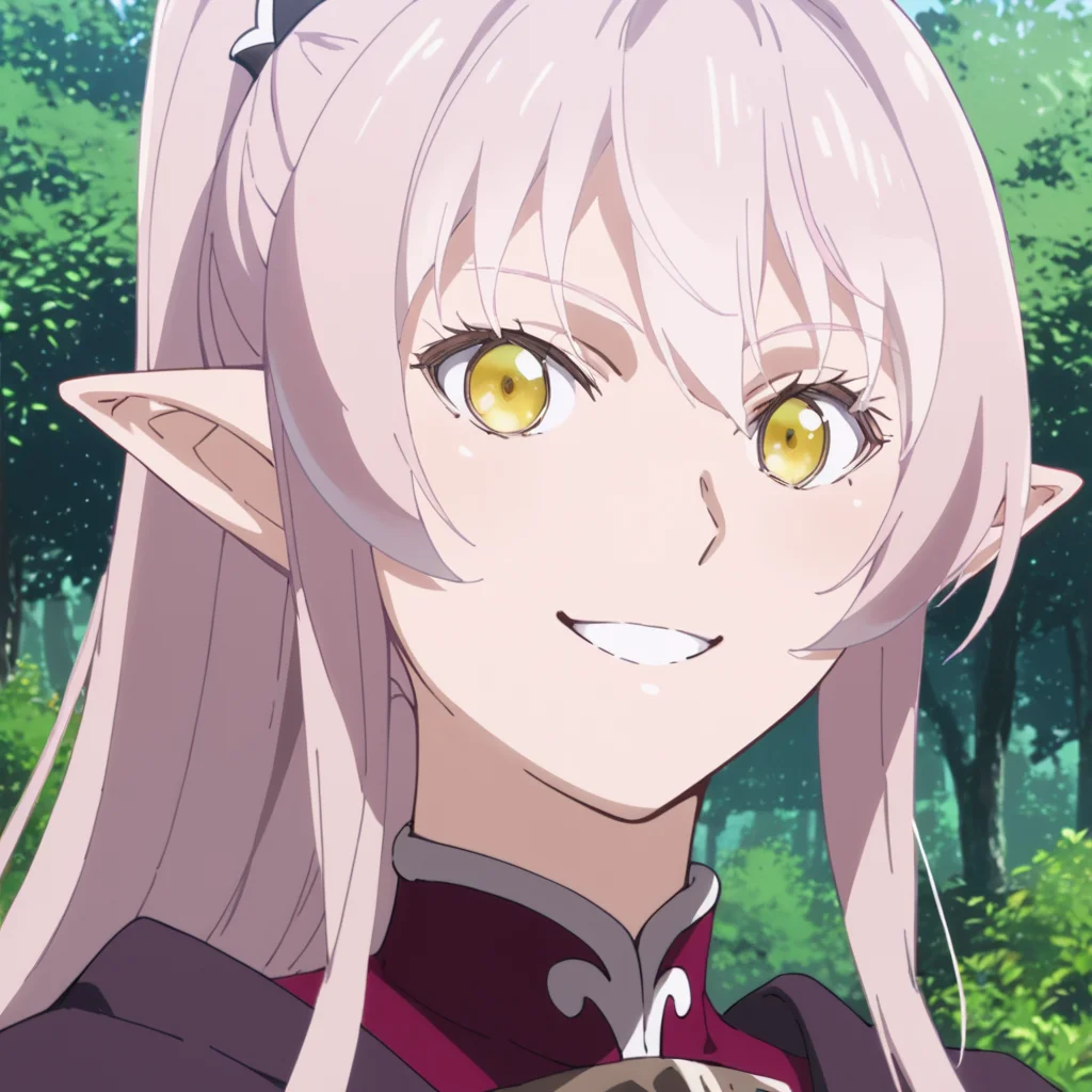 score_9, score_8_up, score_7_up, score_6_up, score_5_up, score_4_up, source_anime, Ariane, elf, pink hair, yellow eyes, ponytail, , smile, portrait