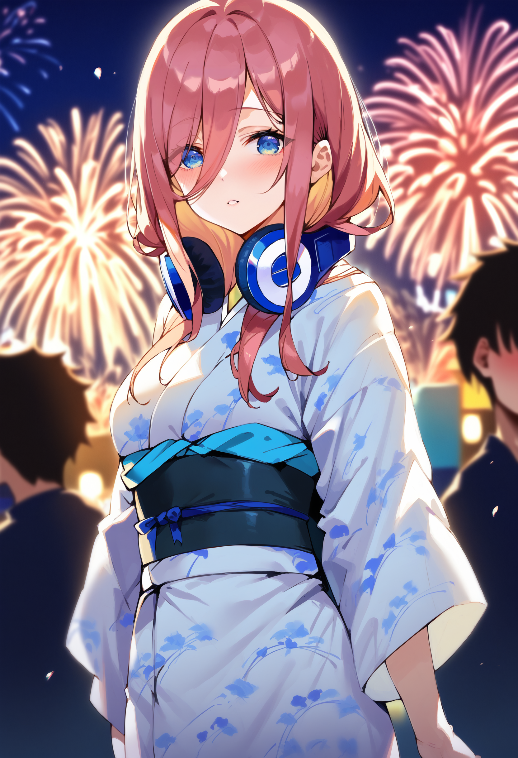 score_9, score_8_up, score_7_up, score_6_up, source anime,
kumipnxl, nakano miku, headphones around neck, 1girl, blue eyes, long hair, hair between eyes, hair over one eye, parted lips, print kimono, obi ,
looking at viewer, blush,
outdoors, night, fireworks, depth of field, foreshortening, cowboy shot,
masterpiece, best quality, very aesthetic, absurdres
<lora:quintessential_quintuplets:1>