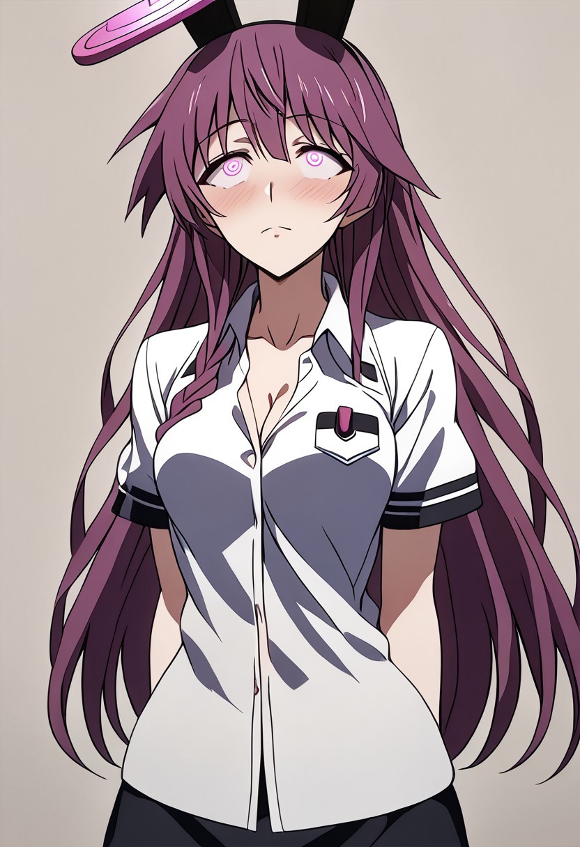 Tabane hypnotized to undress,
score_9, anime, lewd, 1girl, smooth,
mind control, hypnotized, shirome, ((whitewash eyes)), hypnotic signal, (hypnotic soundwaves), expressionless, slack jaw,
standing at attention, undressing, (hands taking off shirt), bra, lingerie,
tabane,