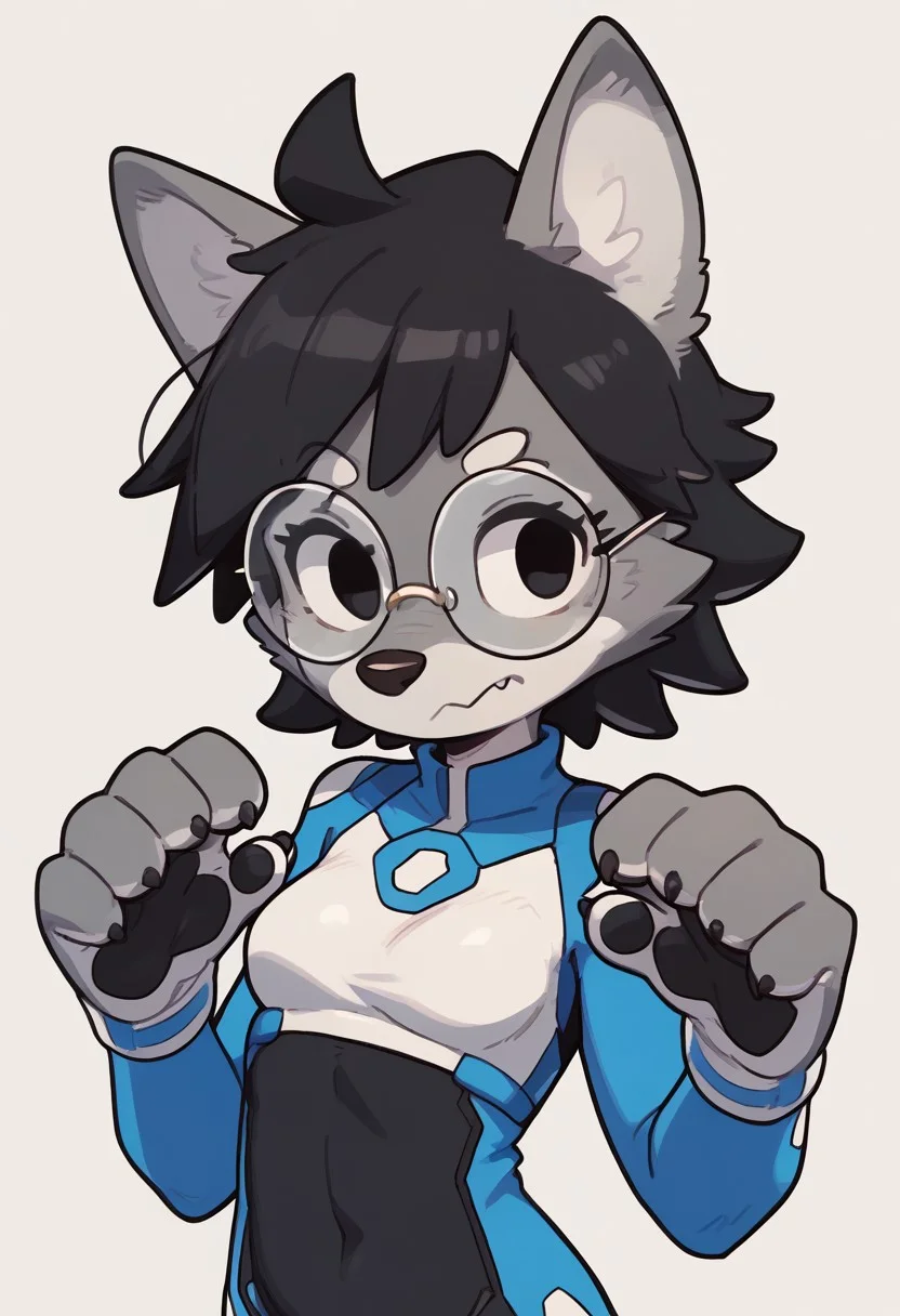 score_9, score_8_up, score_7_up, score_6_up, source_furry, source_anime, (short, diminutive, smol), (anthro, wolf, gray fur, snaggle tooth, hyper ears, paw hands, paws, (snout:1.5), female, small breasts), (crop top, bodysuit, futuristic, round glasses), cute, adorable, thin, (hair, fluffy hair, short hair, black hair), (neutral expression), solo, simple background, dynamic pose, looking aside