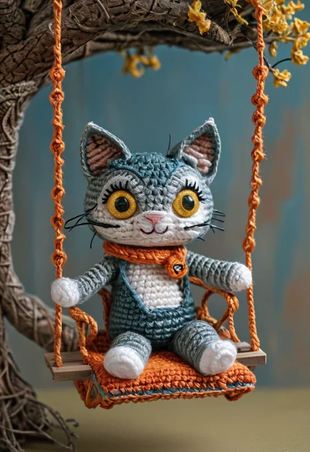 a cat enjoying himself on a swing from a tree, by saint exupery, crocheted style