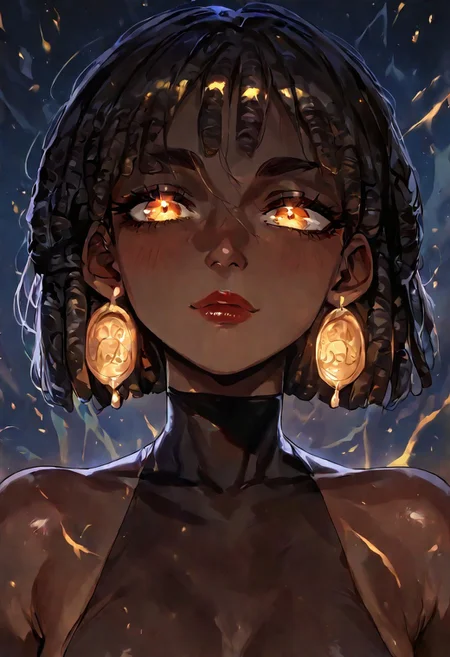 masterpiece, best quality, amazing quality, very aesthetic, absurdres, newest, 1girl, dreadlocks, solo, dark skin, dark-skinned female, short hair, bangs, earrings, jewelry, looking at viewer, very dark skin, bare shoulders, black hair, upper body, glowing, BREAK flowing shadows across the neon-lit fractals.,
The figureas red lips stand out vividly, She tilts her head slightly upward, her expression enigmatic, as the interplay of shadows and neon light creates a mesmerizing depth. <lora:ponyv4_noob1_2_adamW-000017:0.7000000000000001> <lora:748cmSDXL:0.7>