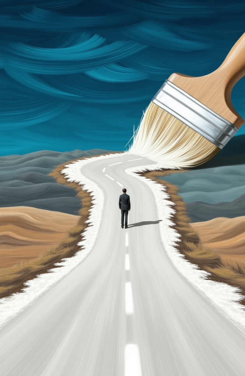 optic_3ffect, vfx, this is a digital artwork depicting a surreal, hyper-realistic scene. the central focus is a winding road that stretches from the bottom center of the image towards the upper right corner, vanishing into the distance. the road is smooth and white, with a slight texture suggesting recent repaving, and is flanked by a thin, white line on either side. the road is bordered by a white, frothy substance that resembles paint, suggesting a brushstroke effect. the brushstroke is painted in white, with a textured brush tip and brush hairs visible, extending from the upper right corner of the image towards the road. the brushstroke intersects the road at an angle, creating a surreal, almost dreamlike effect. the background features a deep blue sky, transitioning to a lighter blue at the horizon, with swirling, abstract cloud formations. the ground is a mix of brown and beige, suggesting dry, arid terrain. a solitary figure, dressed in a dark suit, stands at the center of the road, facing the horizon, adding a sense of isolation and contemplation. the overall style is hyper-realistic with surreal elements, combining elements of painting and digital manipulation.