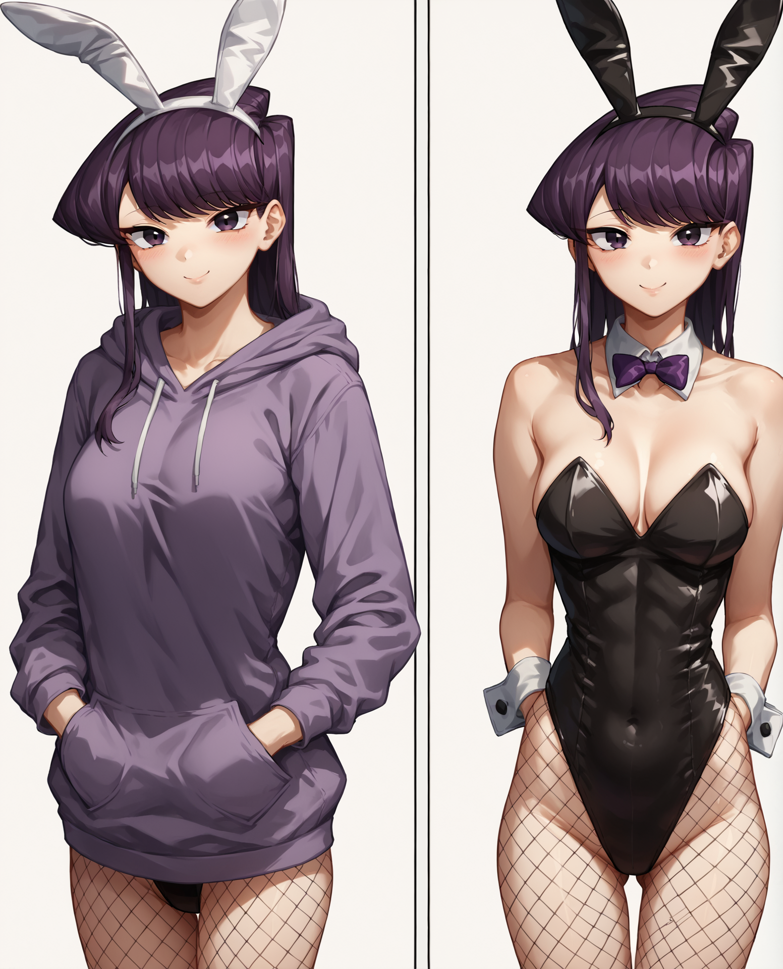 score_9, score_8_up, score_7_up, source_anime BREAK 1girl, multiple views, before and after, leotard, hoodie, fishnets, looking at viewer, simple background, Komi Shouko, purple hair, long hair, swept bangs, fake bunny ears, purple eyes, mask, standing, hands in pockets, smile, <lora:After_work:0.7>, rating_questionable