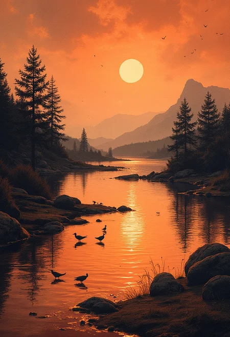 linquivera, Ink illustration, brown tones, aged black red paper, inkpunk, surreal, detailmaximizer, BREAK detailed painting of still, tranquil lake at dawn, wading birds on the shore, misty, foothills and mountains in the distance