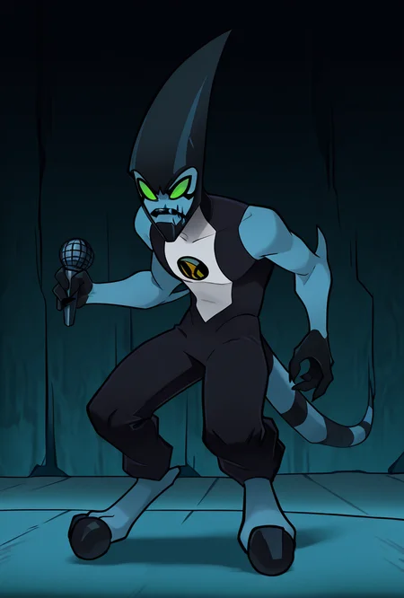 <lora:xlr8-08:1> xlr8, solo, green eyes, blue skin, , stripped tail, 1boy, black mouth, mouth strip, lines from mouth edges, dynamic pose, detailed background,   black claws <lora:17bucks_Style_Illustrious:1> 17bucks, gradient color, 2d, standing, holding microphone, full body ,, masterpiece, best quality, amazing quality, very aesthetic, absurdres, newest,