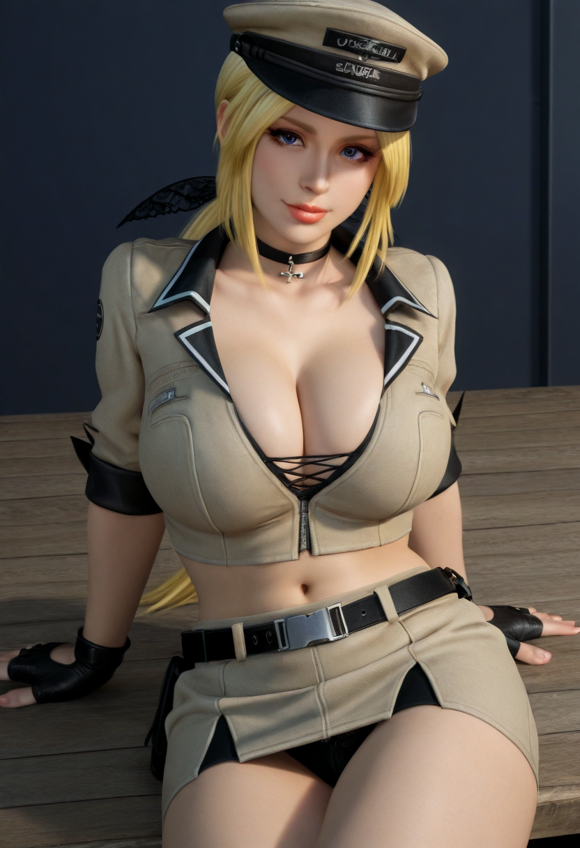 helena douglas,mature woman,blonde hair,ponytail,blue eyes,large breasts,Hat,cleavage,gloves,fingerless gloves,belt,midriff,navel,choker,uniform,beige military uniform,beige pencil skirt,lying down on table,seductive expression,looking at viewer,(2024,newest,highres,absurdres:1.2),(very awa,masterpiece,best quality:1.1),(3D,CG graphics:1.1) <lora:Helena_Douglas_-_Dead_or_Alive_-_Illustrious:1.0>