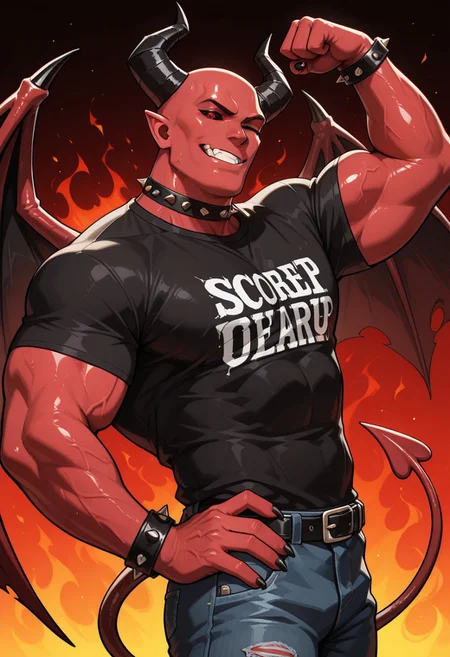solo, male focus, masterpiece, absurdres, very aesthetic, ultra-detailed, amazing quality, masculine, mature male, 
1boy, demon, demon horns, black sclera, red eyes, black nails, sharp nails, red skin, devil wings, devil tail, pointy ears, underbite, fangs, muscular, bara, black shirt, short sleeves, graphic t-shirt, band shirt,  huge biceps, pectorals, abs, spiked choker, spiked bracelets, flexing, grin, teeth, one eye closed, winking, arm up, clenched hand, hand on hip, looking at viewer, half-closed eyes, narrowed eyes, bald, shiny skin, from side, side view, jeans, belt,
BREAK 
upper body, half-length portrait, perfect lighting, fiery background, abstract background, 
score_9, score_8_up, score_7_up, WaiIL25PosC, Expressiveh,